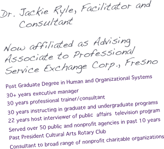 Dr. Jackie Ryle, Facilitator and
    Consultant

Now affiliated as Advising Associate to Professional Service Exchange Corp., Fresno

Post Graduate Degree in Human and Organizational Systems
30+ years executive manager
30 years professional trainer/consultant
30 years instructing in graduate and undergraduate programs
22 years host interviewer of public  affairs  television program
Served over 50 public and nonprofit agencies in past 10 years
Past President Cultural Arts Rotary Club
Consultant to broad range of nonprofit charitable organizations








